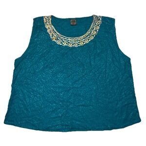 Meetu Magic African Scene Dashiki Sleeveless Top Embroidered Teal One Size